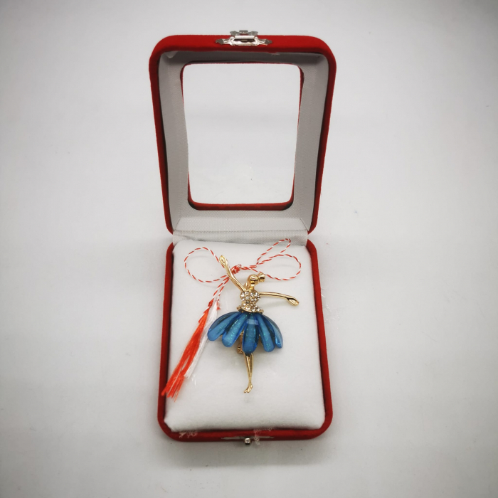 Martisor Brosa Mare in cutie de catifea rosie cu fereastra de sticla, Balerina Gratioasa, albastru, Colectia VisionXXI [2]