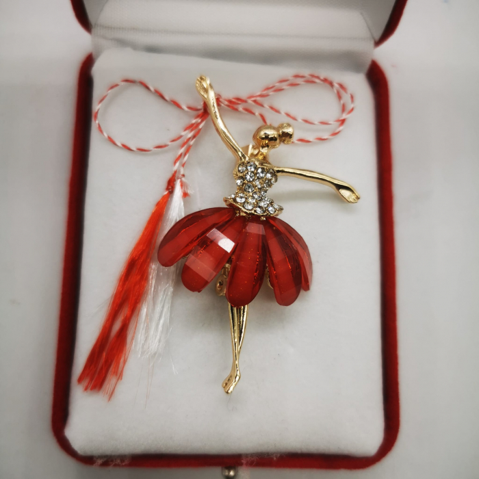 Martisor Brosa Mare in cutie de catifea rosie cu fereastra de sticla, Balerina Gratioasa, rosu, Colectia VisionXXI [4]