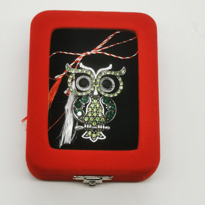 Martisor Brosa Mare in cutie de catifea rosie cu fereastra de sticla, Bufnita cu Ochii Mari, Colectia VisionXXI [2]