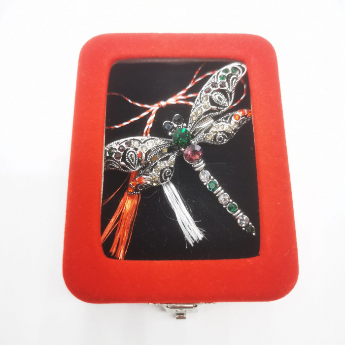 Martisor Brosa Mare in cutie de catifea rosie cu fereastra de sticla, Libelula Dantelata, VisionXXI [2]