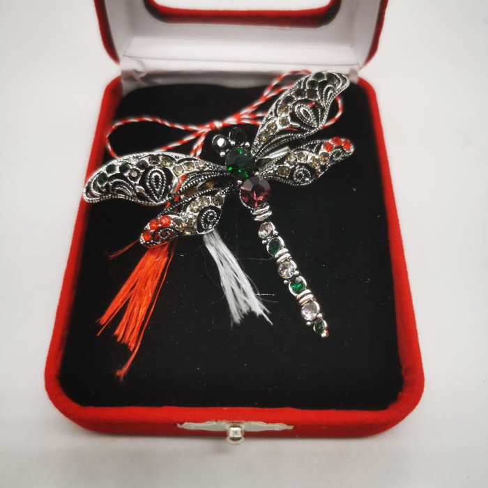 Martisor Brosa Mare in cutie de catifea rosie cu fereastra de sticla, Libelula Dantelata, VisionXXI [3]