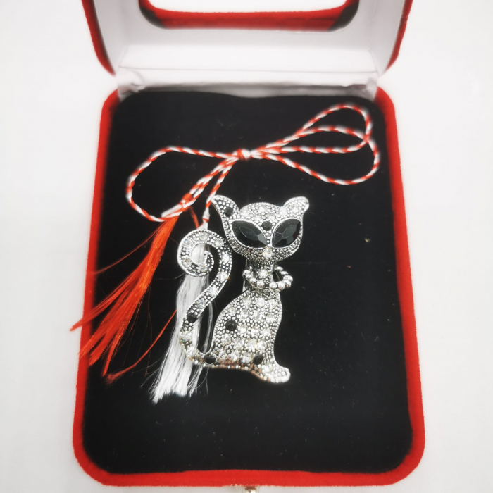 Martisor Brosa Mare in cutie de catifea rosie cu fereastra de sticla, Pisica Argintie Mistica, VisionXXI [3]