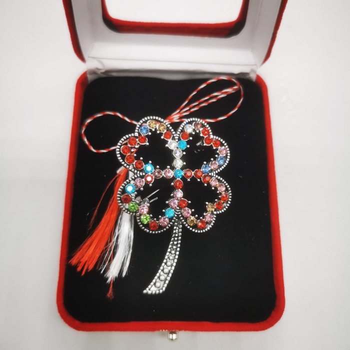 Martisor Brosa Mare in cutie de catifea rosie cu fereastra de sticla, Trifoi Norocos cu cristale multicolore, Colectia VisionXXI [2]