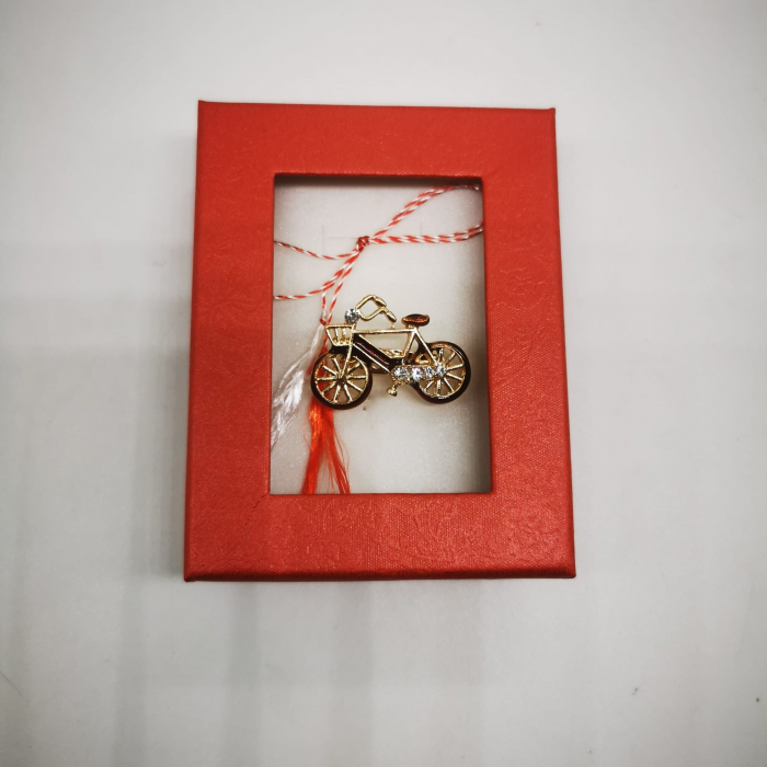 Martisor Brosa Mijlocie in cutie satinata rosie cu fereastra de sticla, Bicicleta Clasica, pe fond alb, Colectia VisionXXI [2]