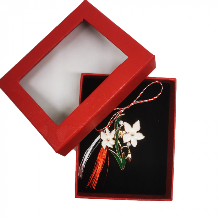 Martisor Brosa Mijlocie in cutie satinata rosie cu fereastra de sticla, Floare de Colt, pe fond negru, Colectia VisionXXI [2]