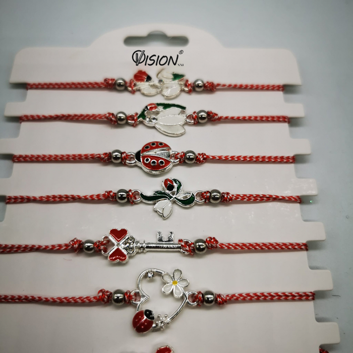 Pachet de 12 Bratari Martisor, reglabile, cu snur alb-rosu, Diverse Simboluri, neambalate individual, medalioane argintii, Colectia VisionXXI [2]