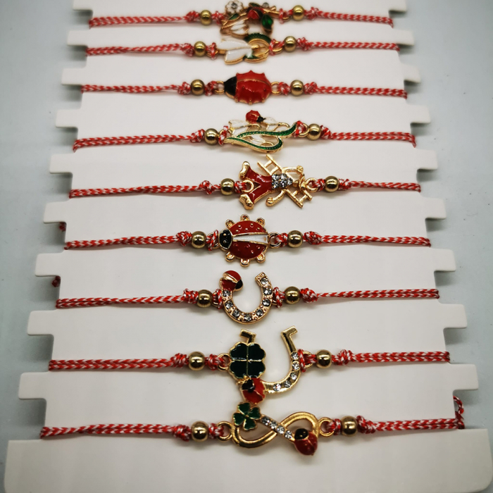 Pachet de 12 Bratari Martisor, reglabile, cu snur alb-rosu, Diverse Simboluri, neambalate individual, medalioane aurii, Colectia VisionXXI [2]