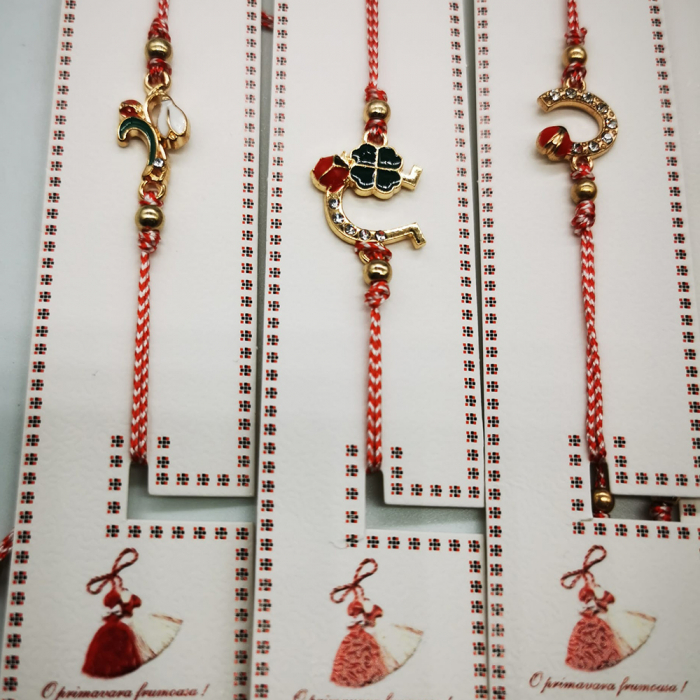 Set 12 Bratari de Martisor, reglabile, Diverse Simboluri, ambalate individual, cu medalion si bile, Fond Auriu, Colectia VisionXXI [6]