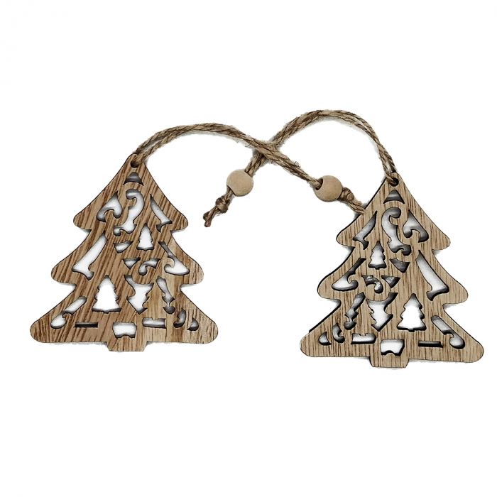 Set 2 Decoratiuni de Craciun din Lemn Natur, cu Snur pentru agatare in Brad, Bradulet, VisionXXI [2]