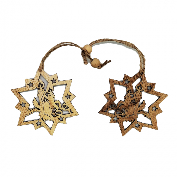 Set 2 Decoratiuni de Craciun din Lemn Natur, cu Snur pentru agatare in Brad, Stea cu candele, VisionXXI [2]