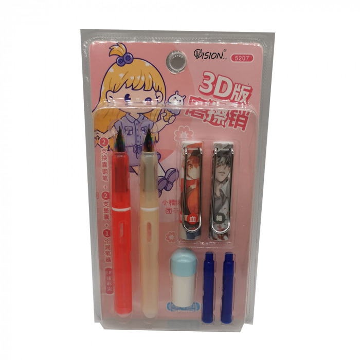 Set 2 Stilouri cu guma si cerneala termosensibila, tip Friction, cu stergere si rescriere, 2 cartuse incluse, dispozitiv pentru curatat penita, roz, Vision XXI [1]