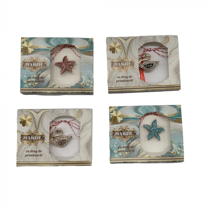 Set 4 Martisoare tip Brosa, Stele de Mare si Lebede, in cutie de carton cu fereastra decupata, VisionXXI [2]