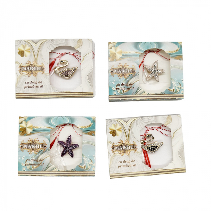 Set 4 Martisoare tip Brosa, Stele de Mare si Lebede, in cutie de carton cu fereastra decupata, VisionXXI [5]