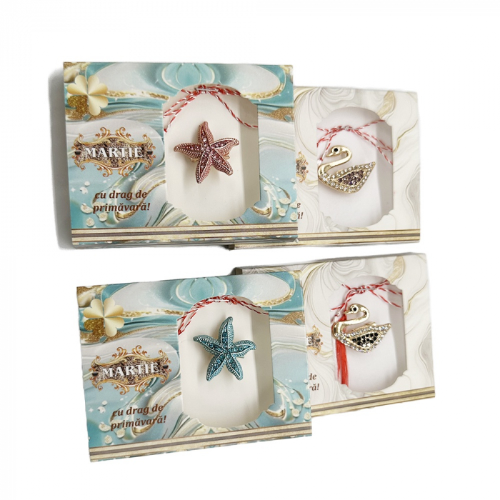 Set 4 Martisoare tip Brosa, Stele de Mare si Lebede, in cutie de carton cu fereastra decupata, VisionXXI [3]