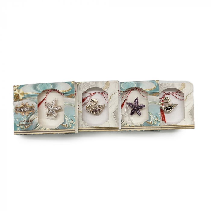 Set 4 Martisoare tip Brosa, Stele de Mare si Lebede, in cutie de carton cu fereastra decupata, VisionXXI [6]