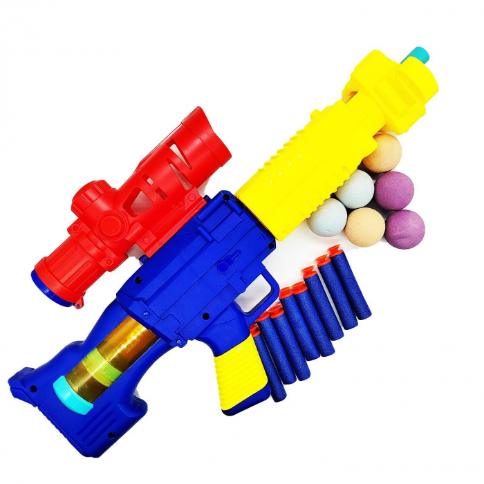 Set Pusca cu Compresie, 14 piese, 45 cm, 2 in 1, cu gloante tip Nerf sau Bile din Burete, Raza mare de actiune, VisionXXI [3]