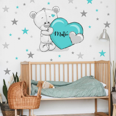 Home & Garden - Autocolant pentru perete - Ursuleț gri-turcoaz cu stele și nume