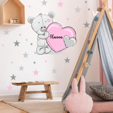 Home & Garden - Autocolant - ursuleț în culori roz cu stele și nume