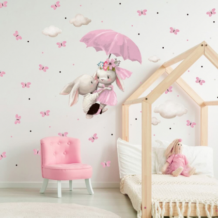 Wallpaper - Autocolante pentru copii - Iepurași care zboară pe o umbrelă