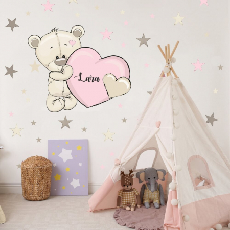 Home & Garden - Autocolantele textile INSPIO pentru copii - Ursuleții roz cu nume