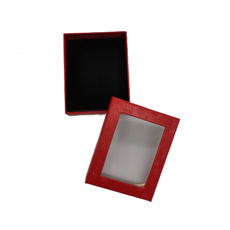 Cutie din carton rosu satinat pentru Martisor, 6x9cm, cu fereastra transparenta, fond negru, VisionXXI [1]