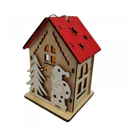 Articole de Craciun - Decoratiune Craciun, Casuta din Lemn Decupat cu Lumina calda LED, 10x7x8 cm, Mos, VisionXXI