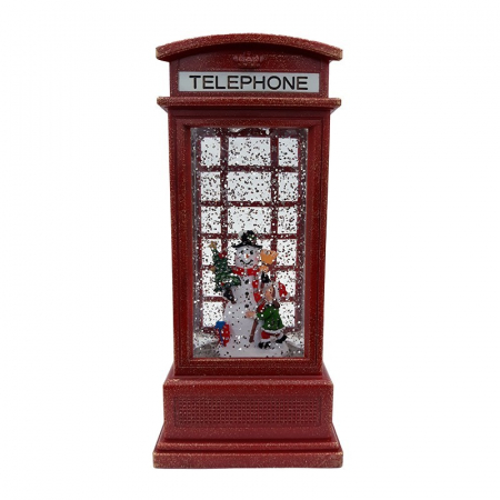 Articole de Craciun - Decoratiune de Craciun Cabina telefonica din plastic cu apa, lumina si om de zapada,9x20cm