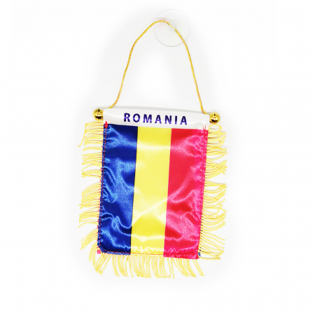 Articole suporteri - Fanion Tricolor Romania cu ventuza si franjuri, 8x12cm, pentru masina, Vision®