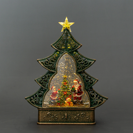 Felinar Muzical si Luminos cu Mos Craciun, Forma de Brad, cu Apa, Efect de Ninsoare, 33x24x10cm, cu lumina LED si incarcare USB,, 9 melodii, Vision® [1]