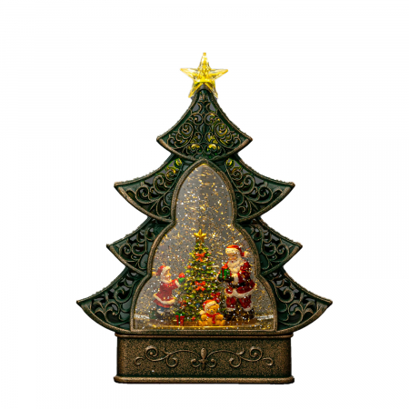 Felinar Muzical si Luminos cu Mos Craciun, Forma de Brad, cu Apa, Efect de Ninsoare, 33x24x10cm, cu lumina LED si incarcare USB,, 9 melodii, Vision® [0]