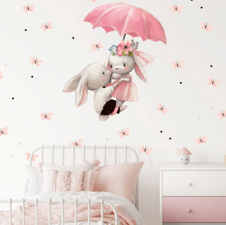Wallpaper - Iepurași care zboară pe o umbrelă - Autocolant acuarelă