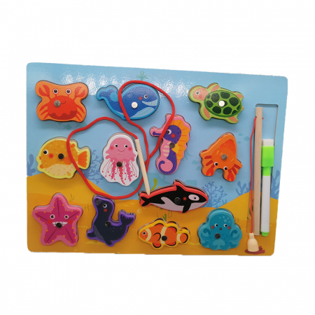 Jucarii si jocuri pentru copii - Joc de Pescuit din Lemn cu magnet, 16 piese, cu tablita si marker de scris pe verso, 30x22cm, VisionXXI