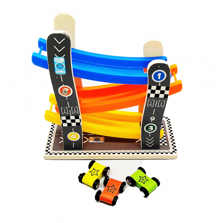 Jucarie interactiva, Tactoy, traseu cu 3 masini, din lemn, multicolor, 21 cm, Vision XXI [0]