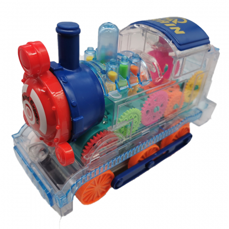 Masinute - Locomotiva de jucarie Transparenta, cu sunet si lumini, rotite si angrenaj vizibile, 20cm, VisionXXI