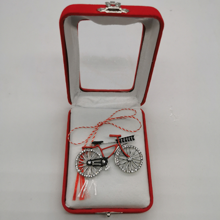 Martisor Brosa Mare, Bicicleta Argintie, in cutie de catifea rosie cu fereastra de sticla, VisionXXI [1]