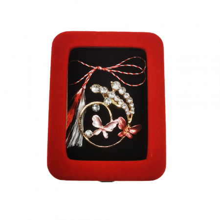 Martisor - Martisor Brosa Mare in cutie de catifea rosie cu fereastra de sticla, Aranjament Floral cu Fluturi Roz, Colectia VisionXXI