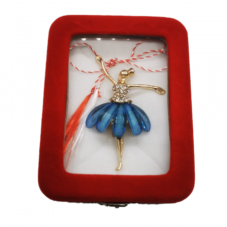Martisor - Martisor Brosa Mare in cutie de catifea rosie cu fereastra de sticla, Balerina Gratioasa, albastru, Colectia VisionXXI