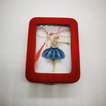 Martisor Brosa Mare in cutie de catifea rosie cu fereastra de sticla, Balerina Gratioasa, albastru, Colectia VisionXXI [3]