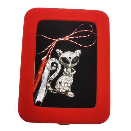 Martisor - Martisor Brosa Mare in cutie de catifea rosie cu fereastra de sticla, Pisica Argintie Mistica, VisionXXI