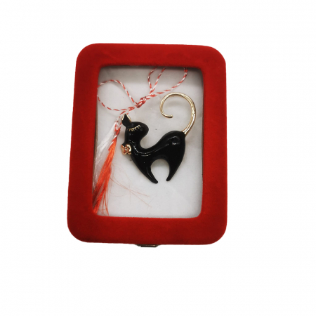 Martisor - Martisor Brosa Mare in cutie de catifea rosie cu fereastra de sticla, Pisica Neagra Stilizata, Colectia VisionXXI