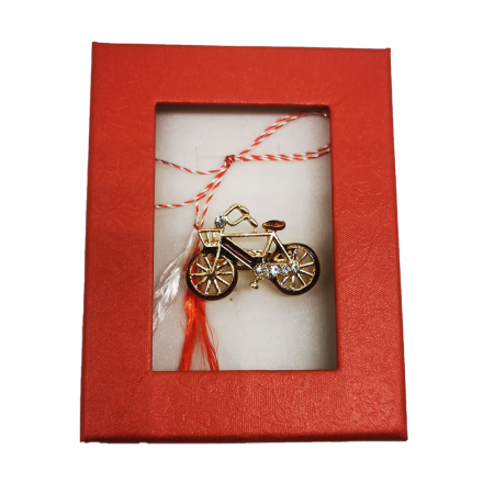 Martisor - Martisor Brosa Mijlocie in cutie satinata rosie cu fereastra de sticla, Bicicleta Clasica, pe fond alb, Colectia VisionXXI