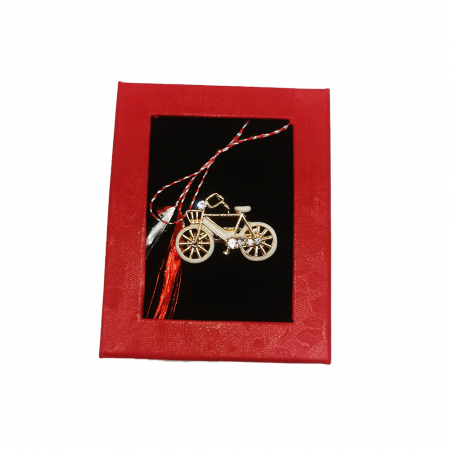 Martisor - Martisor Brosa Mijlocie in cutie satinata rosie cu fereastra de sticla, Bicicleta Clasica, pe fond negru, Colectia VisionXXI