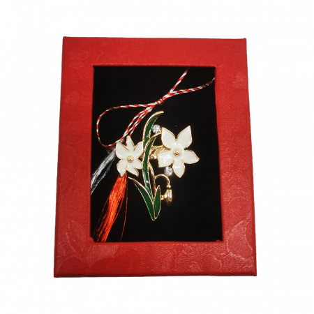 Martisor - Martisor Brosa Mijlocie in cutie satinata rosie cu fereastra de sticla, Floare de Colt, pe fond negru, Colectia VisionXXI