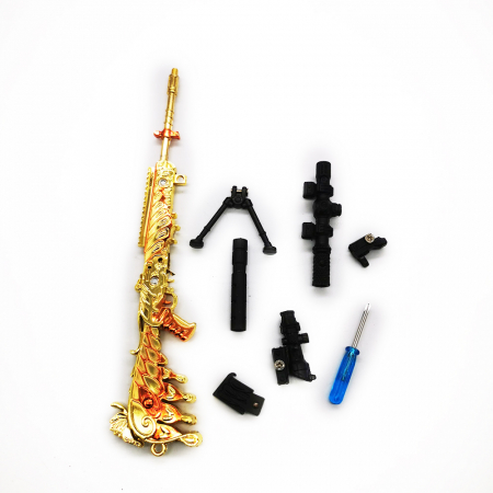 Miniatura de colectie Pusca Sniper 17 cm, Integral din metal, cu 3 lunete, amortizor si trepied demontabile, Model Auriu, Vision XXI [1]