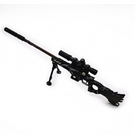 Arme de jucarie - Miniatura de colectie Pusca Sniper 17 cm, Integral din metal, cu luneta, amortizor si trepied demontabile, Model Negru, Vision XXI