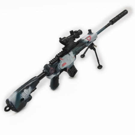 Arme de jucarie - Miniatura de colectie Pusca Sniper 25 cm, Integral din metal, cu luneta, amortizor si trepied demontabile, Model Black Cat negru cu galben, Vision XXI