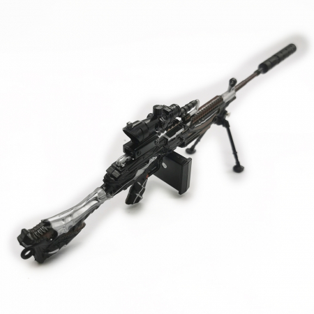 Arme de jucarie - Miniatura de colectie Pusca Sniper 25 cm, Integral din metal, cu luneta, amortizor si trepied demontabile, Model Dragon negru cu argintiu, Vision XXI