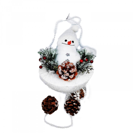 Articole de Craciun - Ornament Atarnator pentru Usa sau Geam, Om de Zapada cu Conuri de Brad pe Semiluna, 60cm, VisionXXI