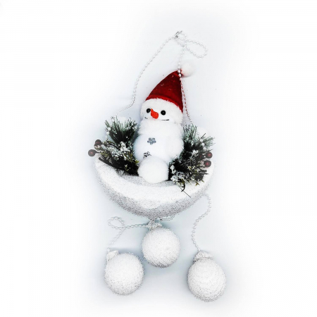 Articole de Craciun - Ornament Atarnator pentru Usa sau Geam, Om de Zapada cu Globuri pe Semiluna, 60cm, VisionXXI