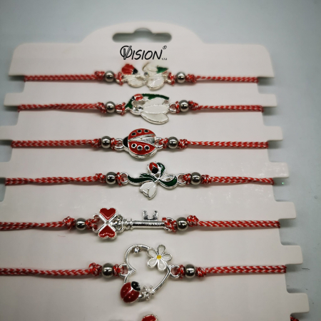 Pachet de 12 Bratari Martisor, reglabile, cu snur alb-rosu, Diverse Simboluri, neambalate individual, medalioane argintii, Colectia VisionXXI [1]
